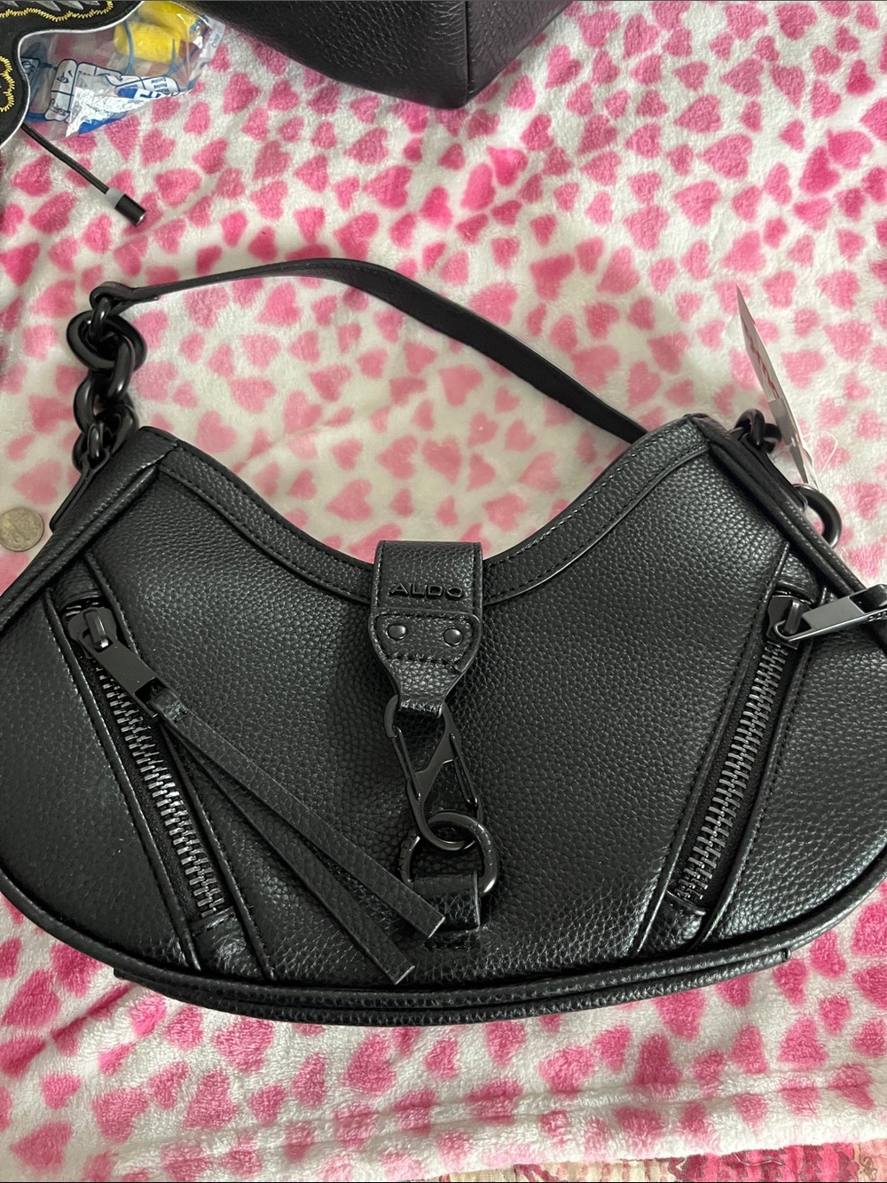 ALDO Black Pebbled Leather Crescent Shoulder Bag